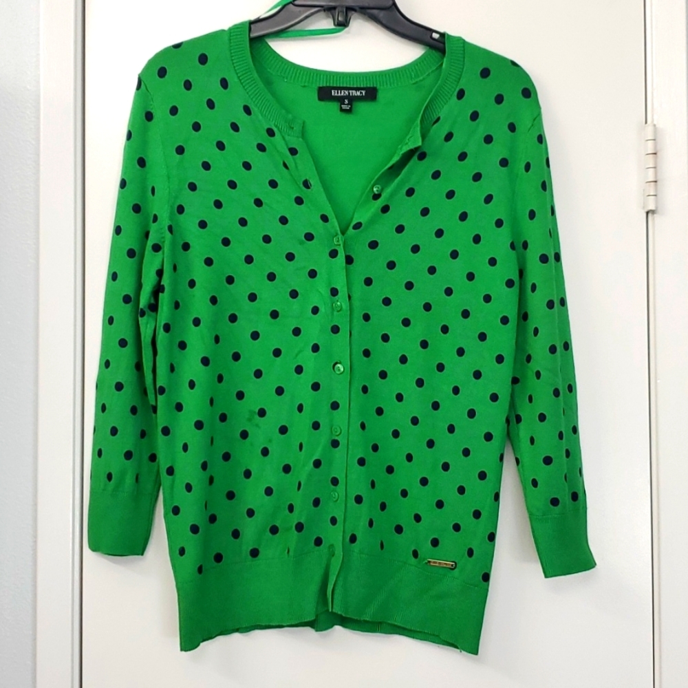 Ellen Tracy Green Polka-dot Black Small Cardigan